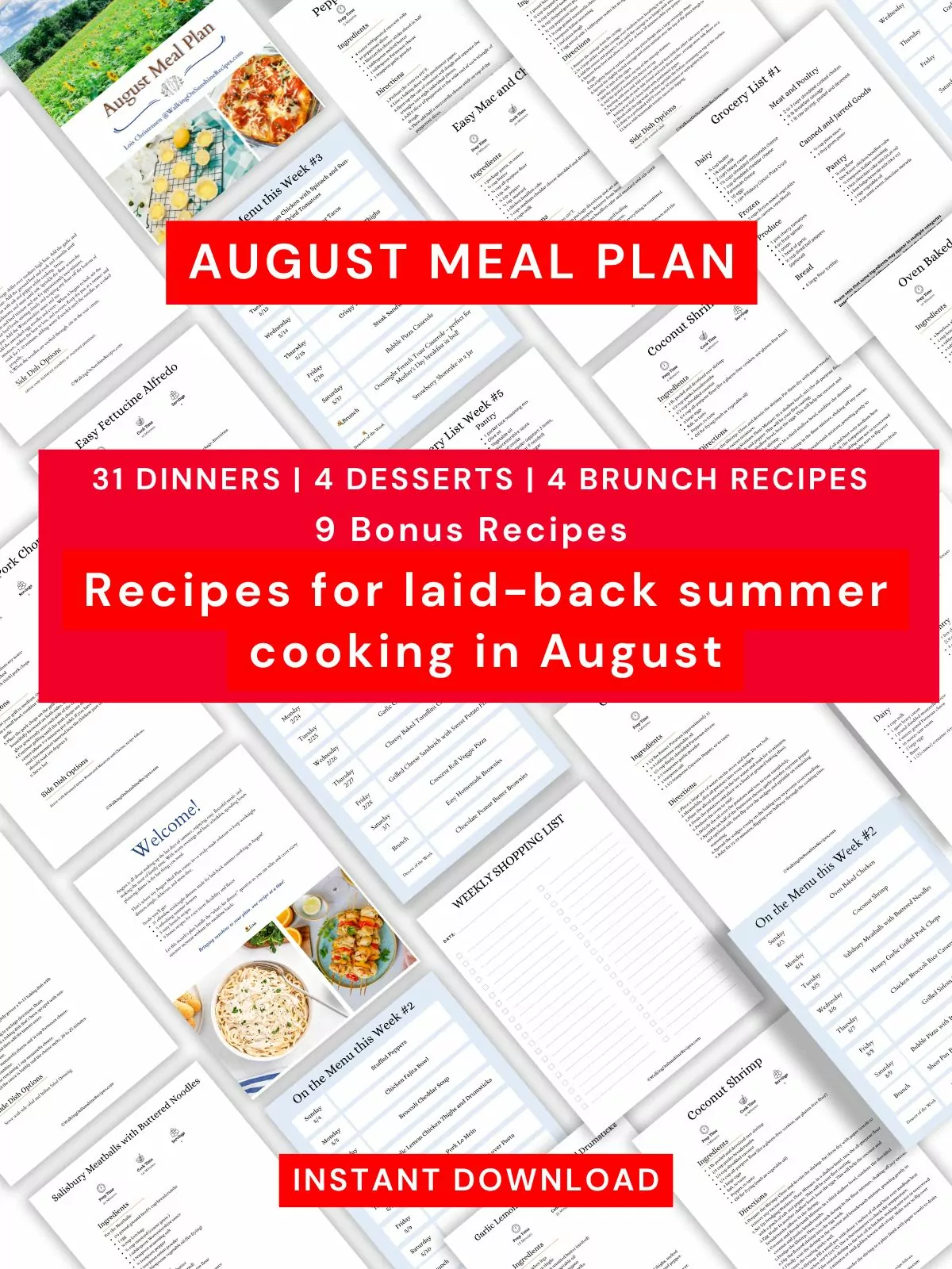 August meal plan individual pages with text overlay.