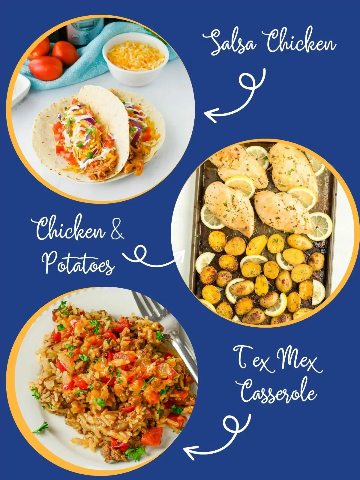 3 photos for weekly dinner recipe meal plan.