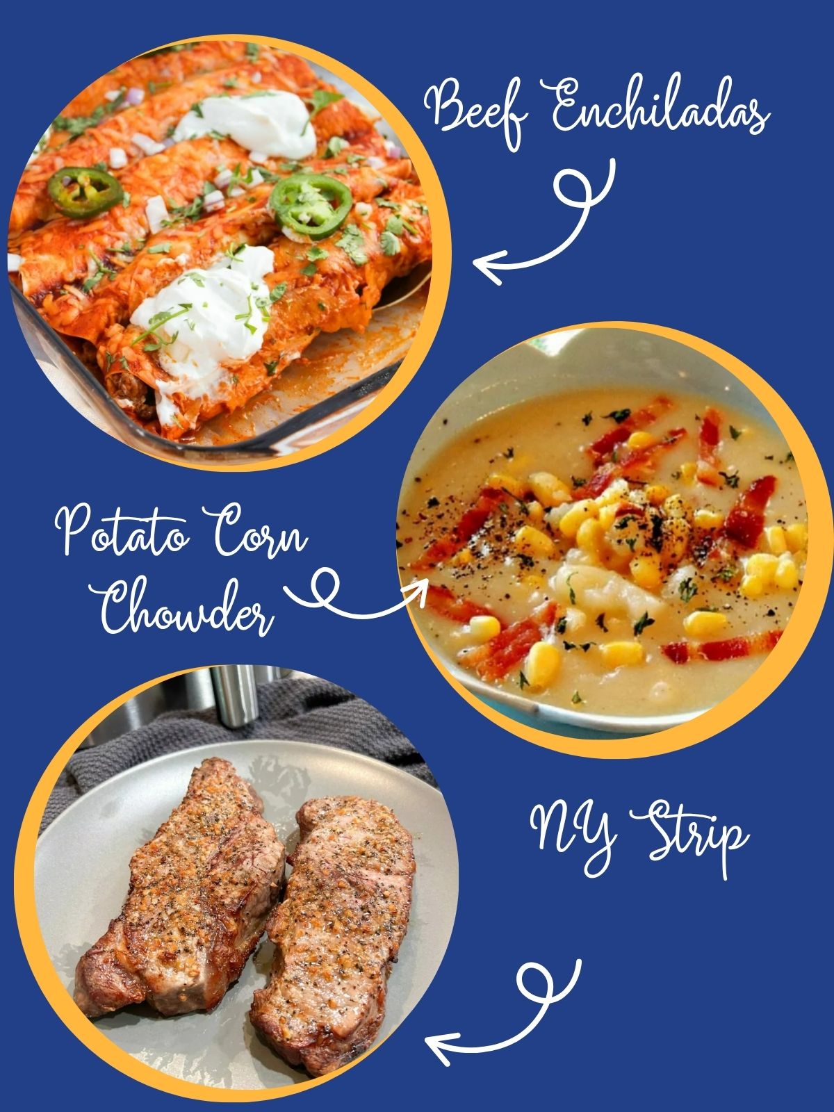 three dinner recipes for weekly dinner plan.