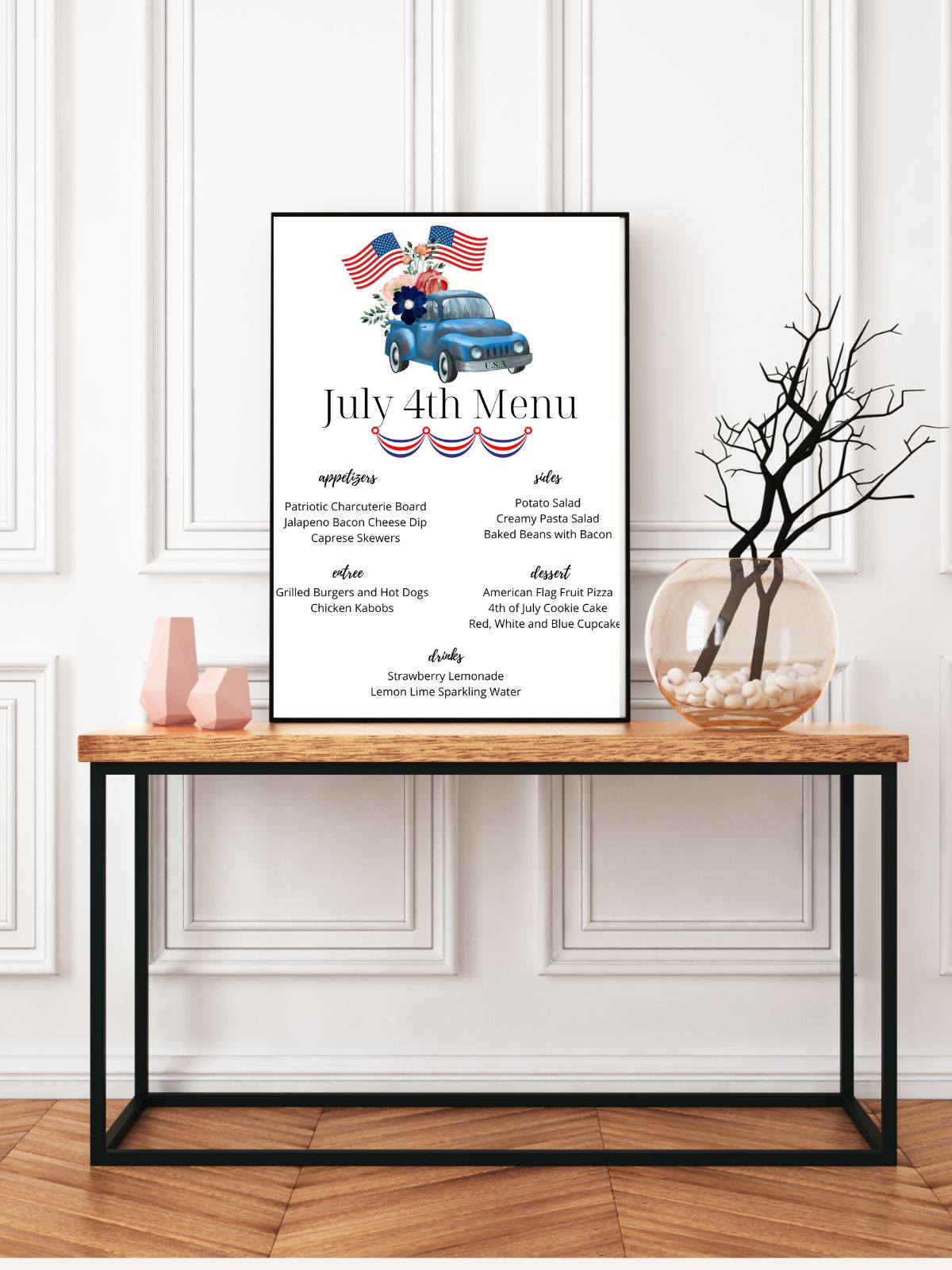 printed menu framed on table.