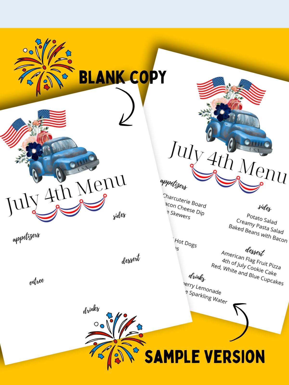 sample version with blank version July 4th printable menu.