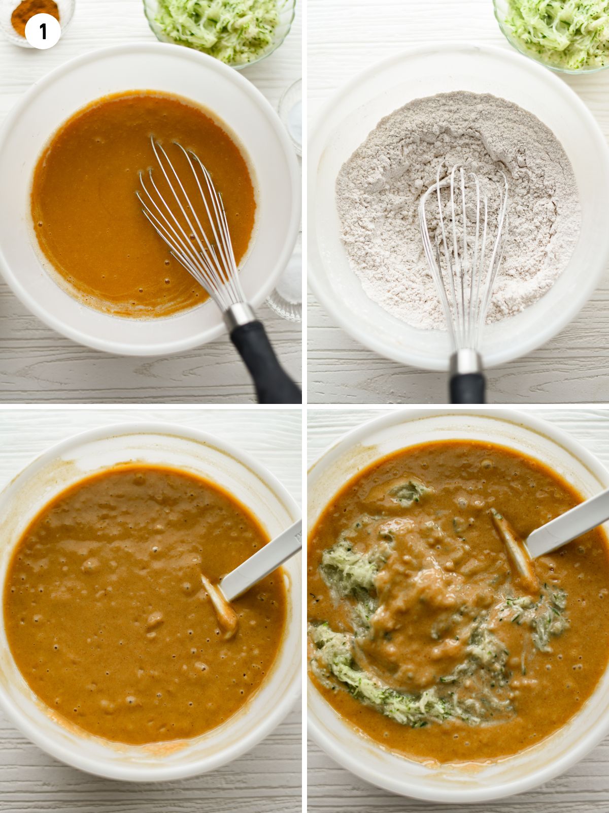Collage of steps combining batter ingredients.