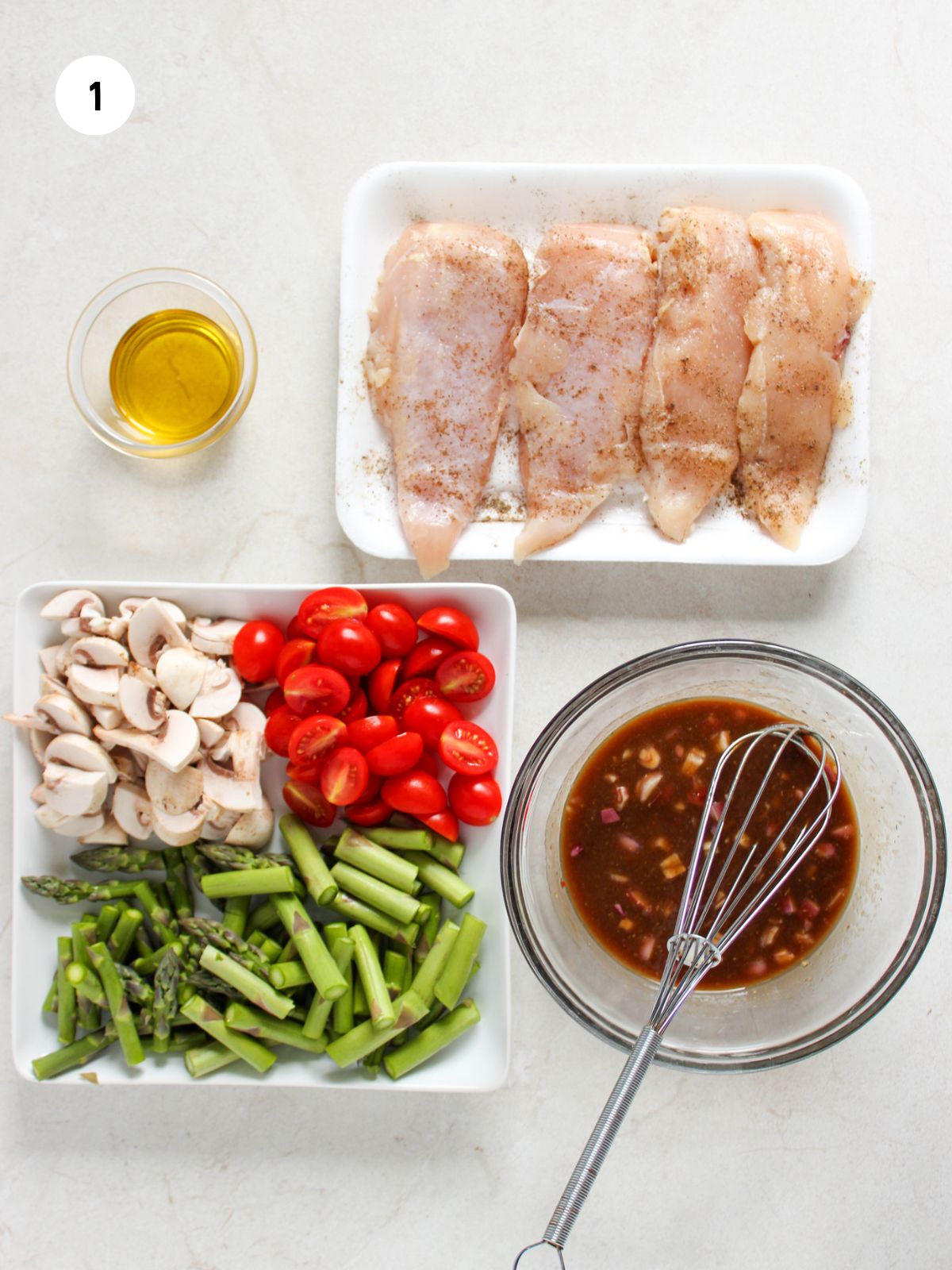Ingredients for Simple Chicken Dinner with the chicken seasoned and the sauce ingredients combined in a bowl.