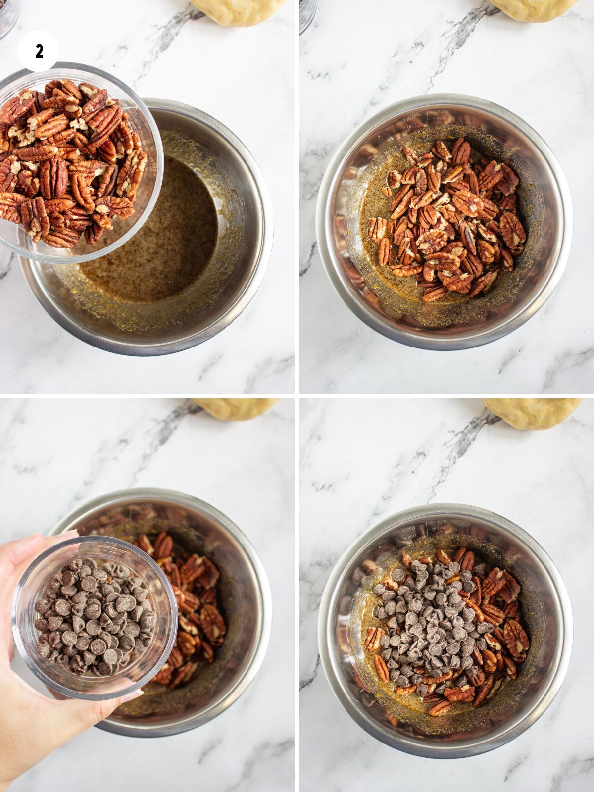 collage of photos adding pecans and chocolate chips to mixture.
