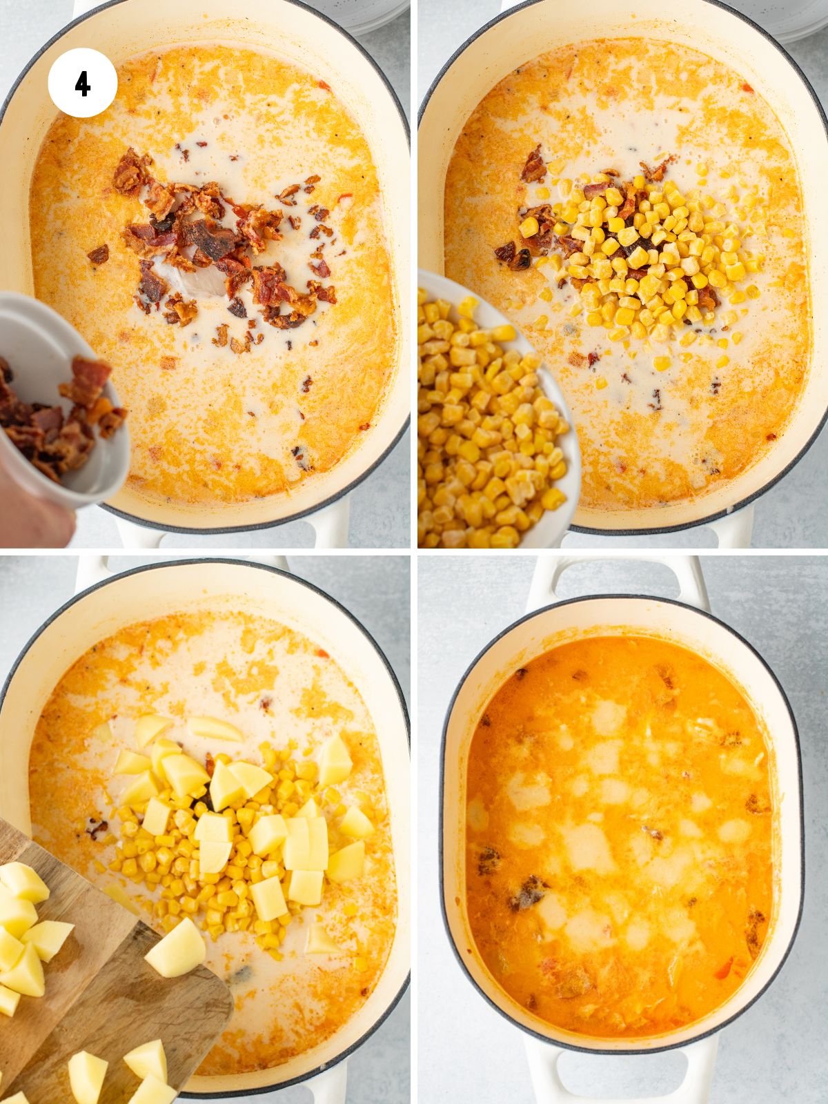Collage of steps adding bacon, corn, potatoes, and chicken.