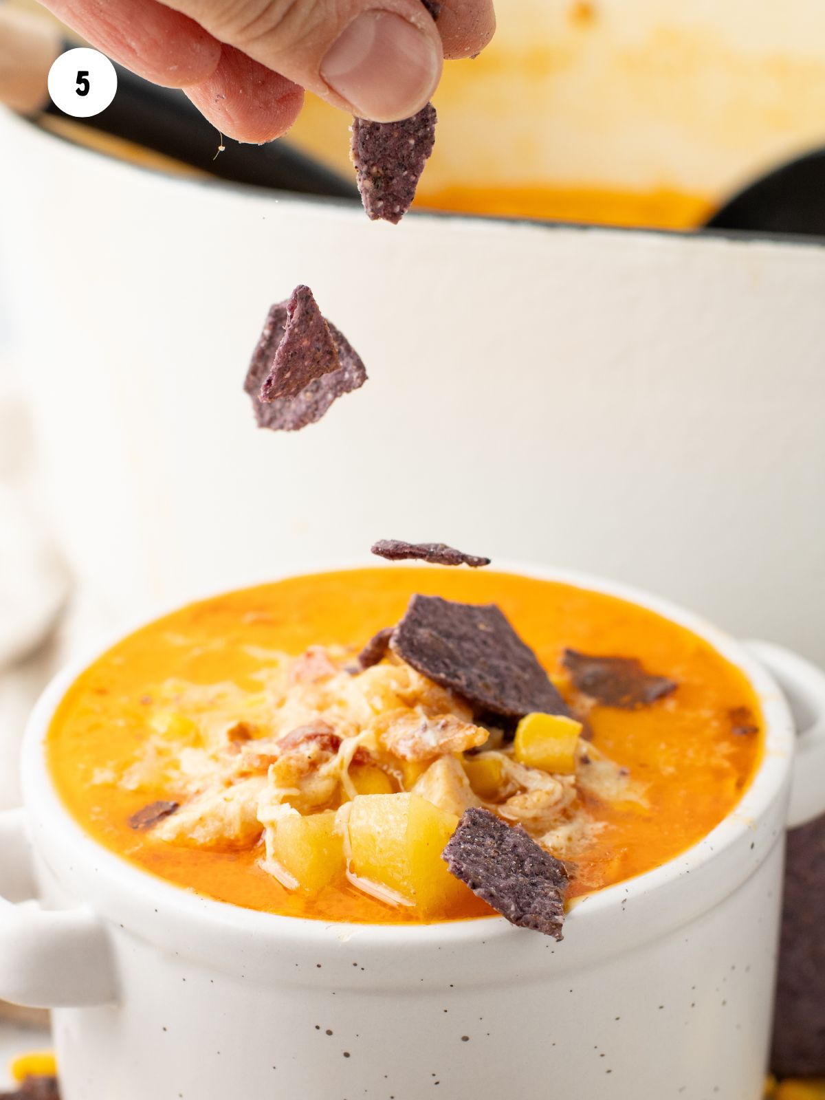 Bowl of soup topped with tortilla chips.