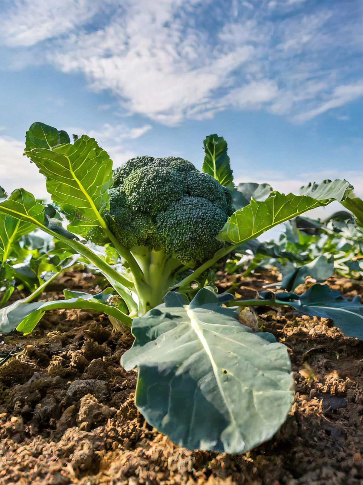 broccoli plant growing in the dirt with a blue sky above.