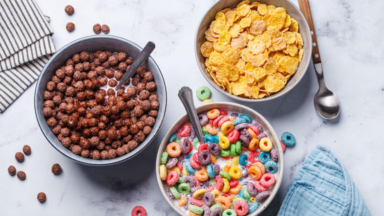 Different types of breakfast cereals background. Chocolate balls, cornflakes and colorful fruit rings on a white background, top view.