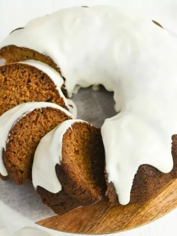 Zucchini Pumpkin Bread bundt cake with cream cheese frosting.