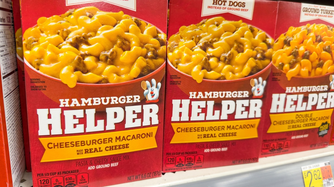 Hamburger Helper cheeseburger macaroni mix on a shelf