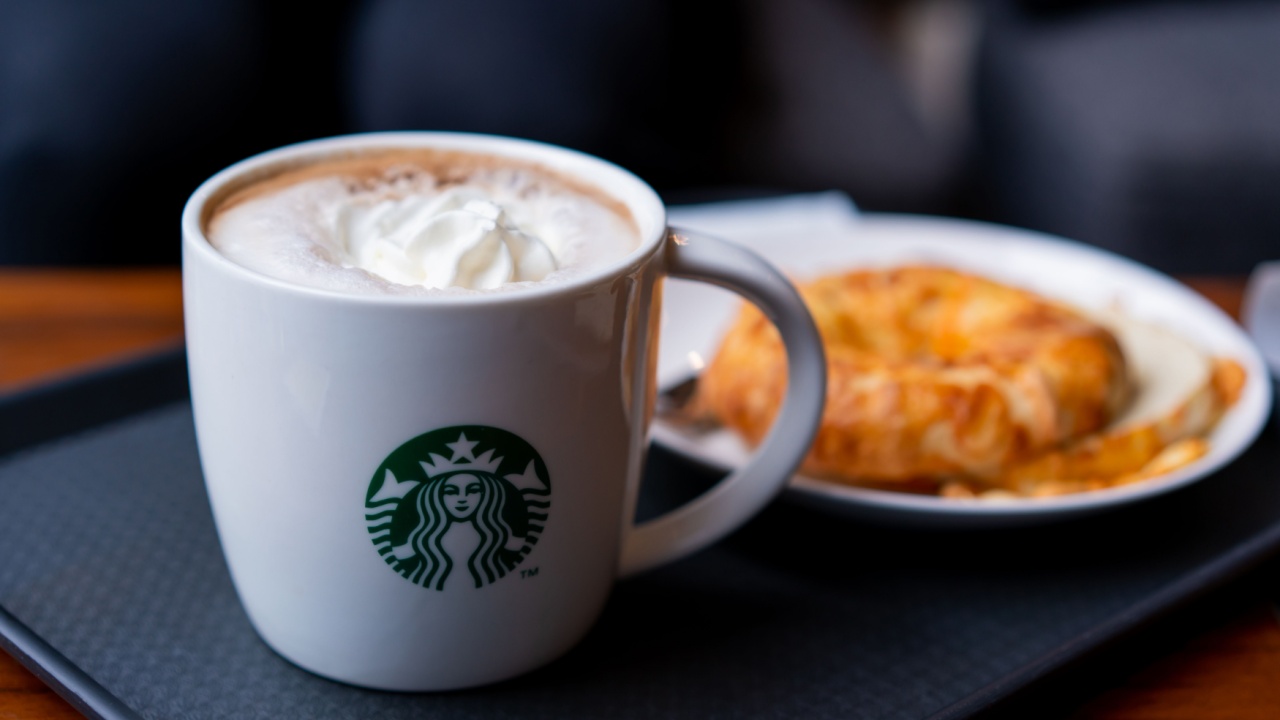 Hot caramel macchiato coffee at Starbucks shop