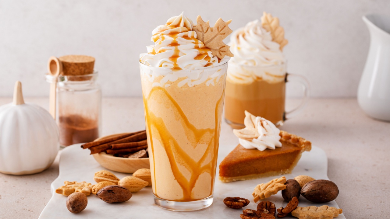 Pumpkin pie milkshake with caramel syrup and whipped cream on top