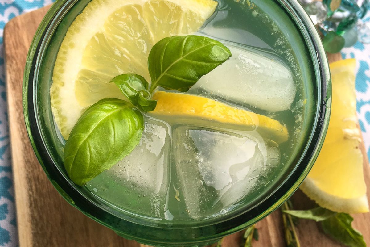 lemon basil mint spritzer in mason jar overhead view.