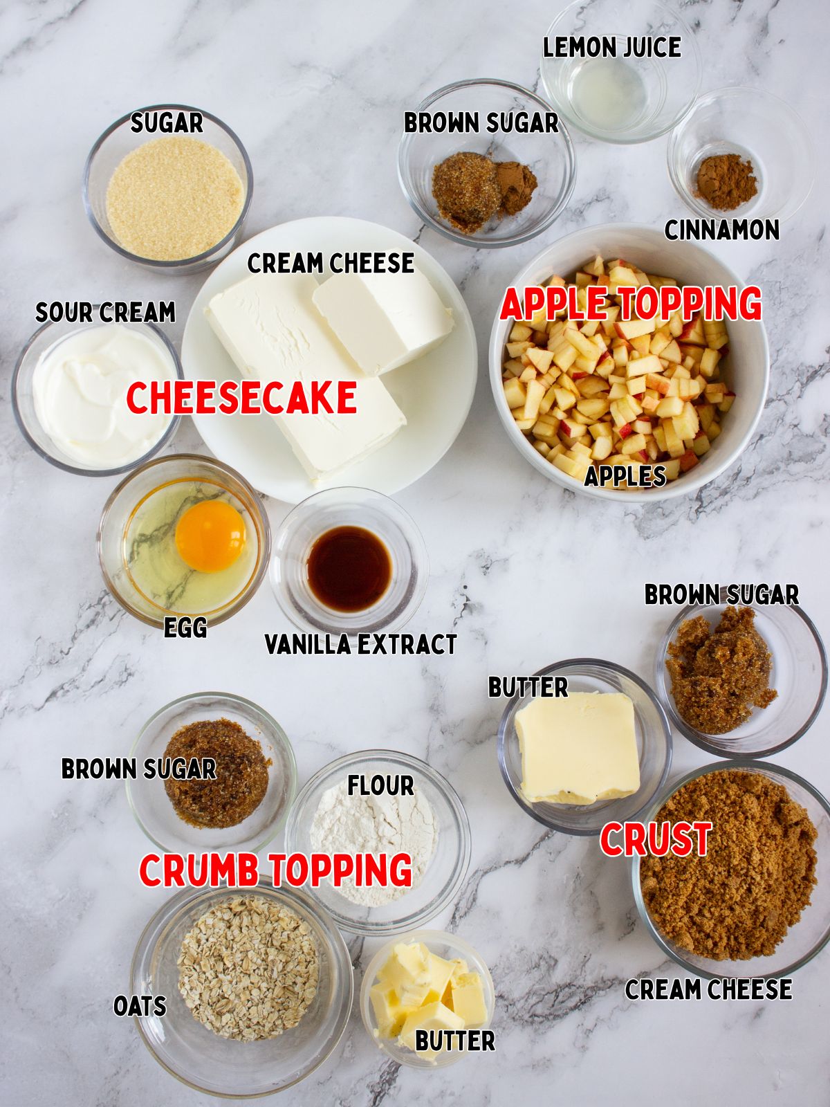 Ingredients for apple crumb cheesecake cupcakes.