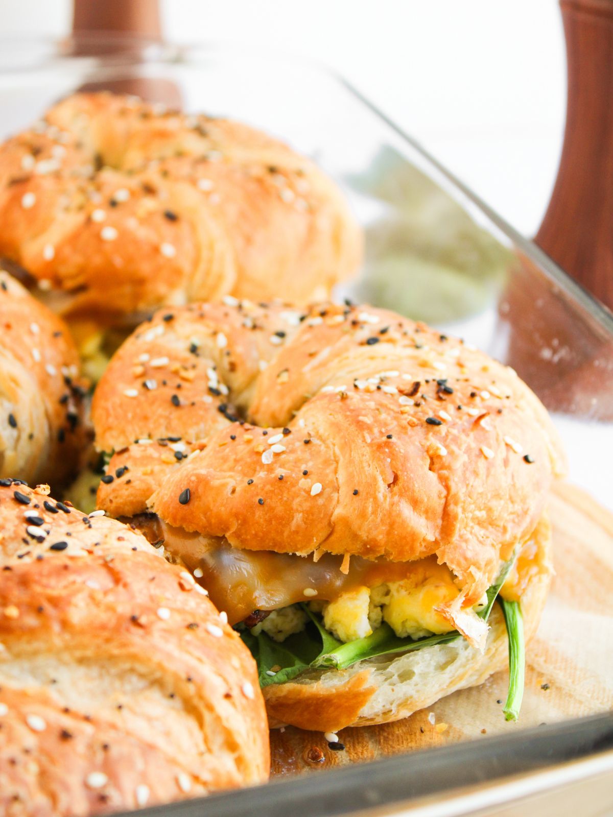 close up of baked croissant sandwich.