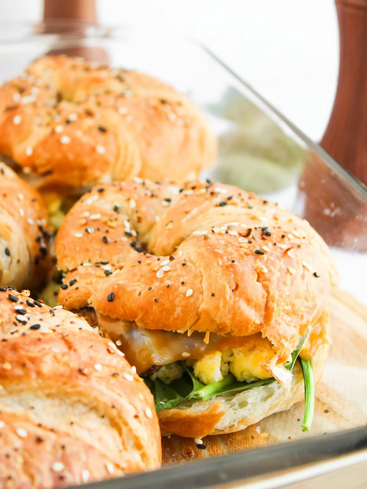 close up of baked croissant sandwich.