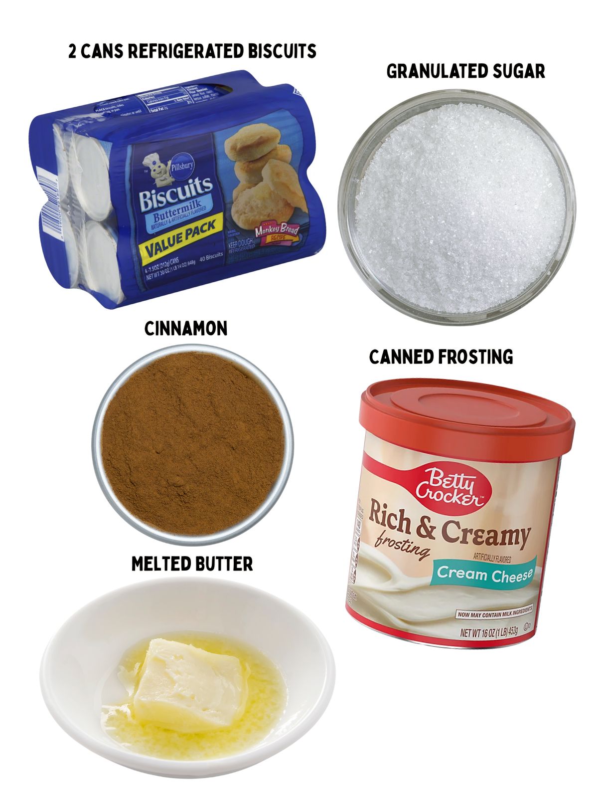 Ingredients for mason jar bread with cinnamon, sugar and frosting.