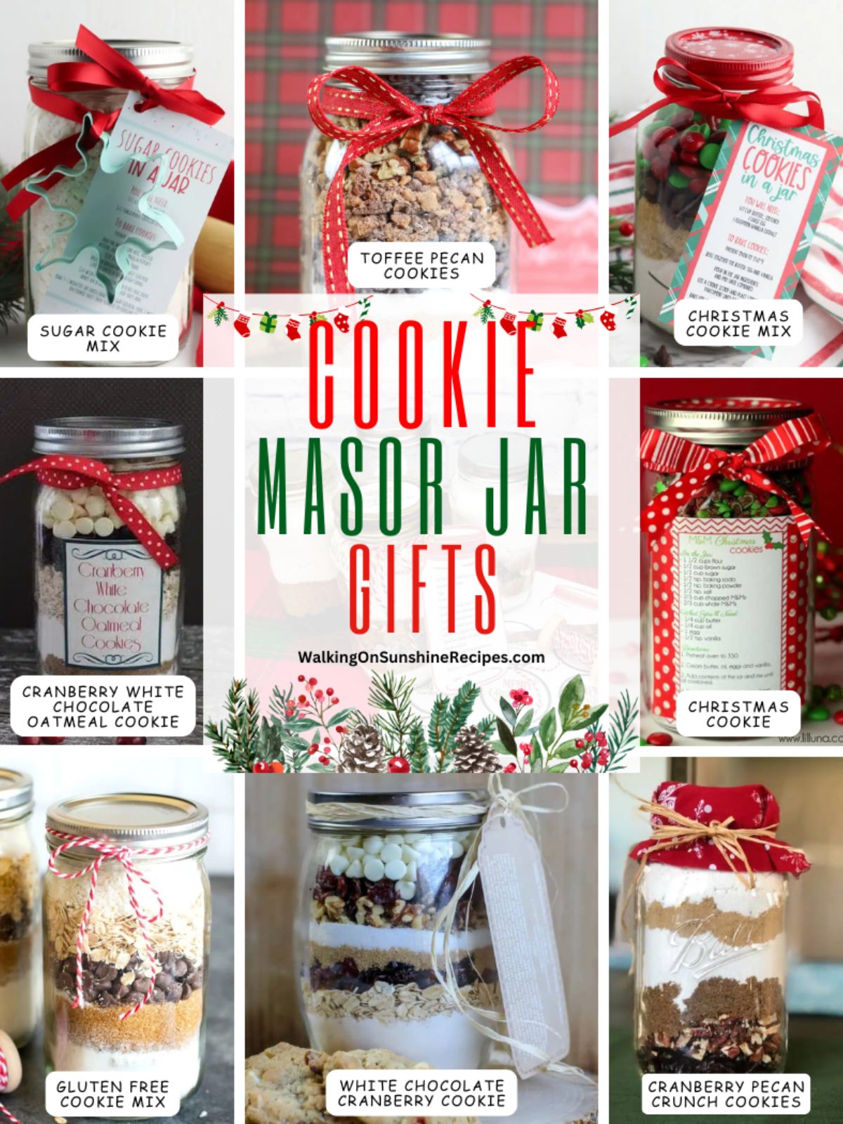 a collection of different cookie mix recipes in mason jars wrapped as Christmas gifts.