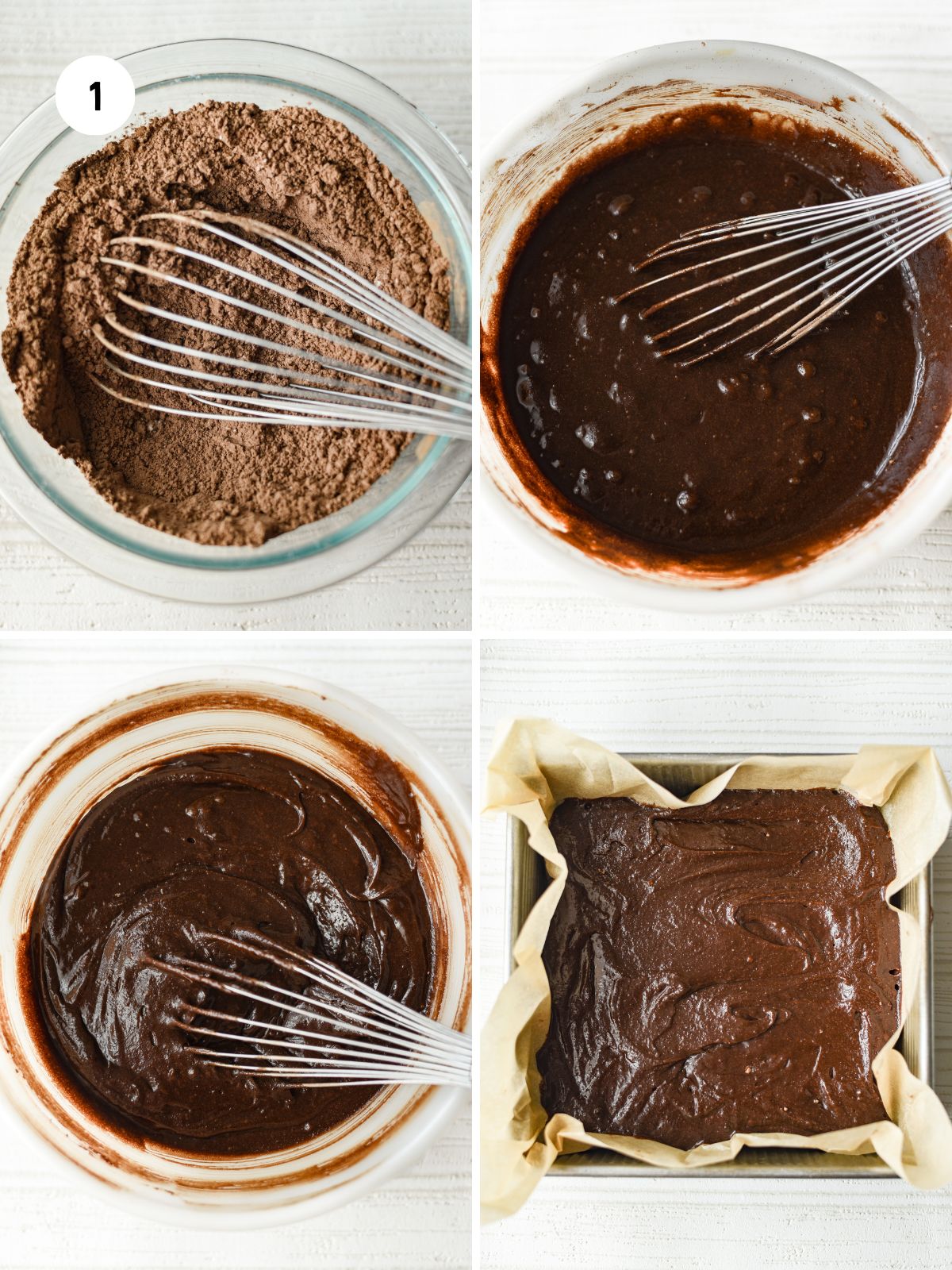 Collage of steps making brownie batter.