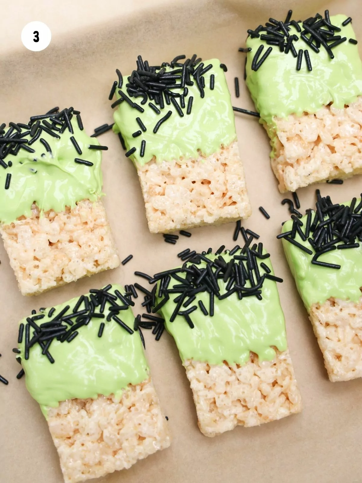 Black jimmies added to the tops of the chocolate to resemble Frankenstein's hair.