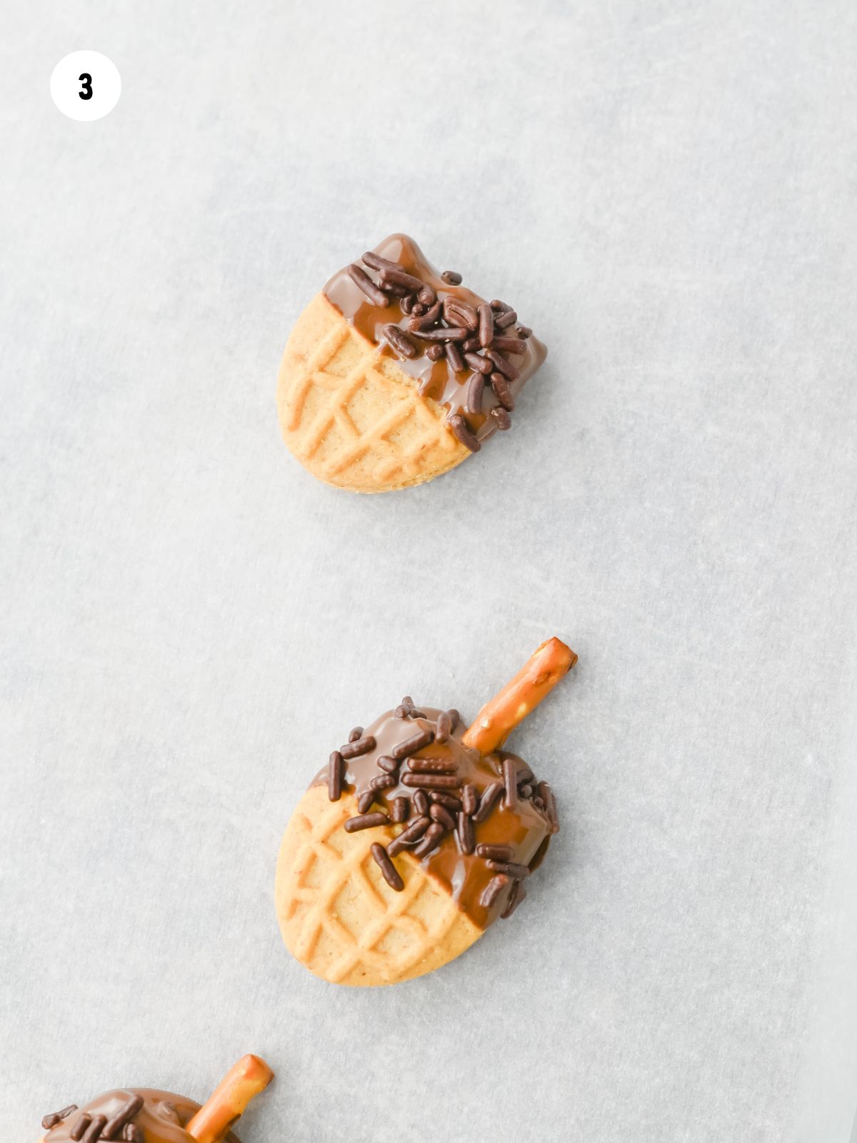 Chocolate dipped peanut butter cookie with chocolate sprinkles added. The bottom cookie also has the pretzel stem added.