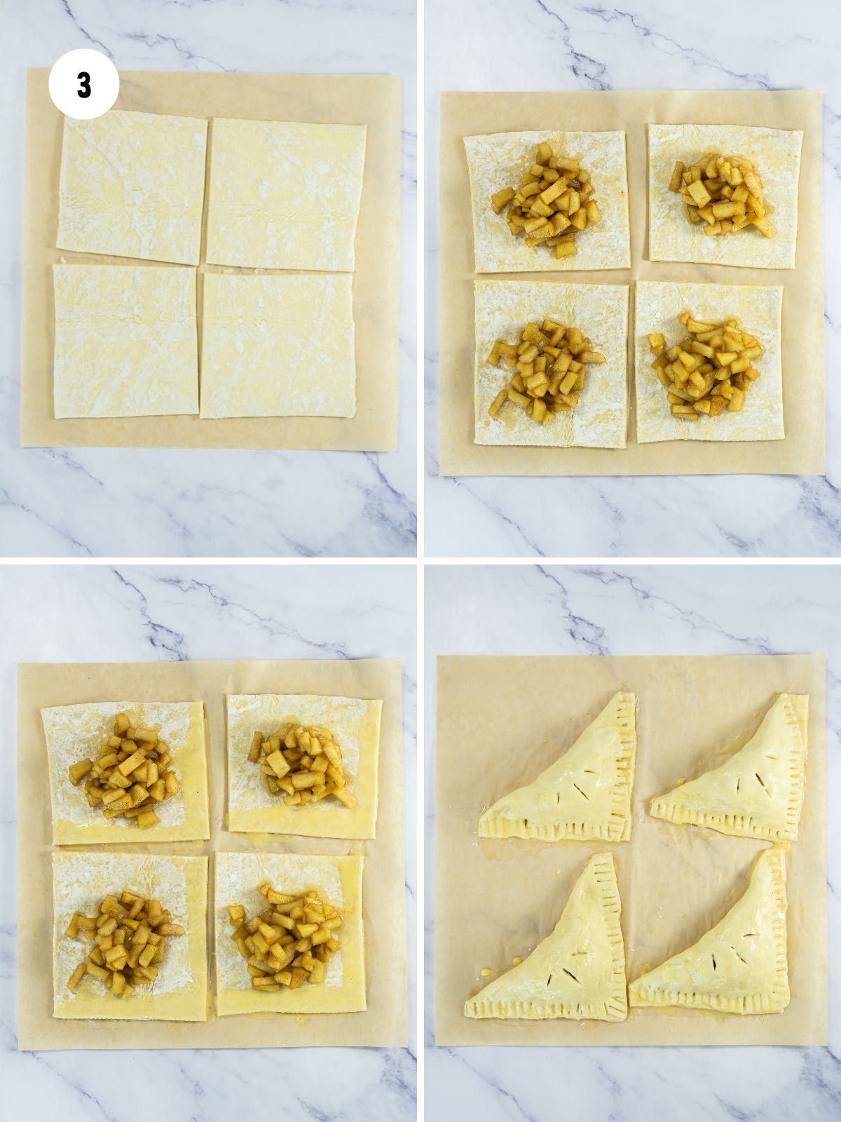 Collage of steps preparing the puff pastry with filling.