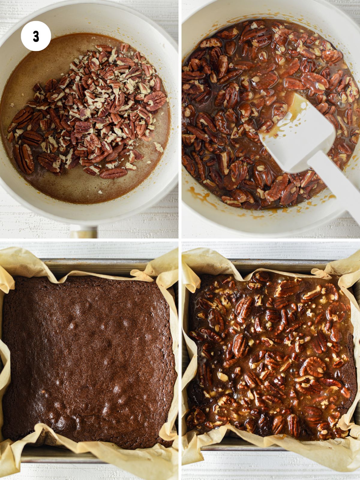 Collage of steps making the pecan pie topping.