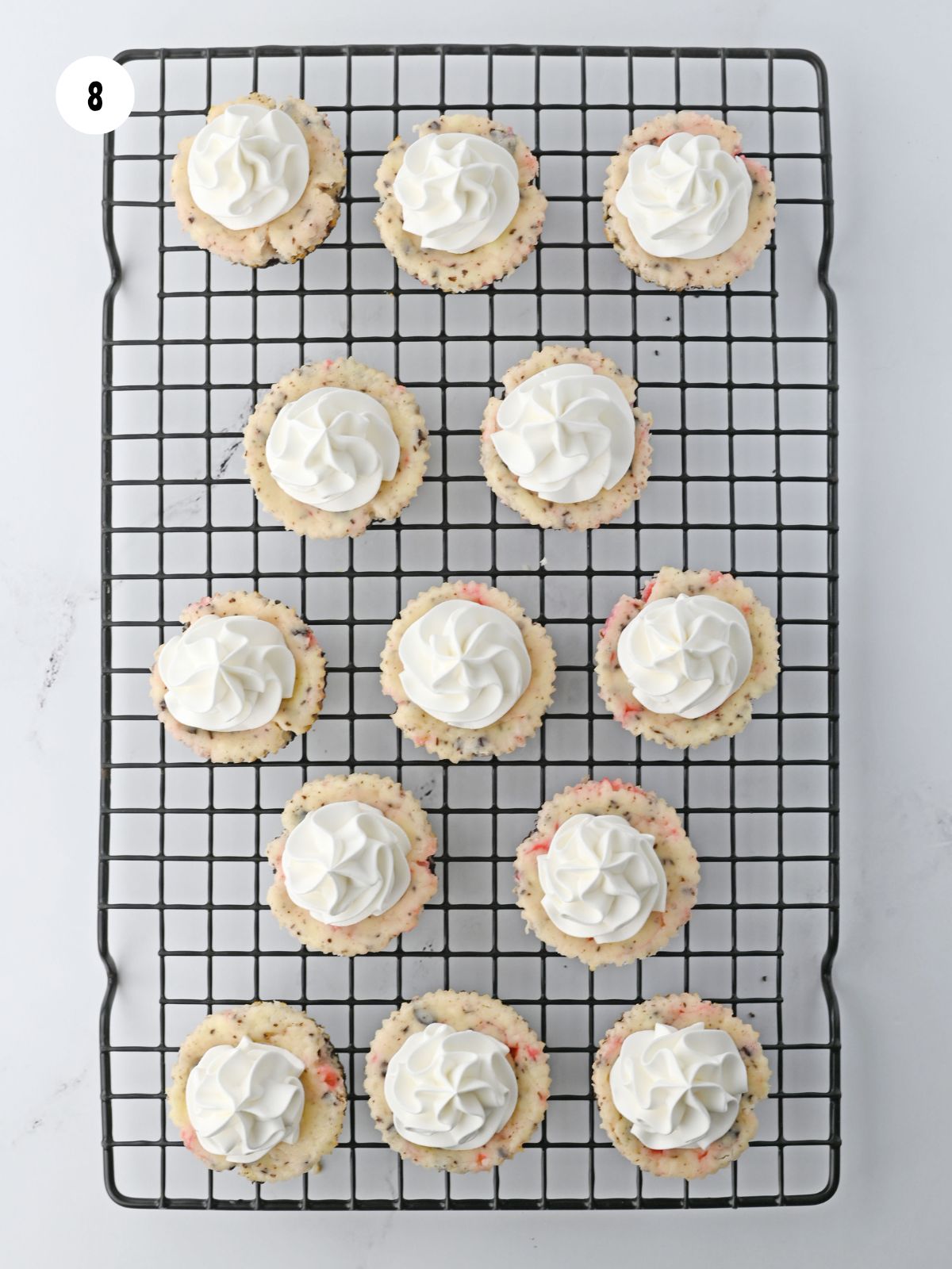 Whipped topping piped on each cheesecake.