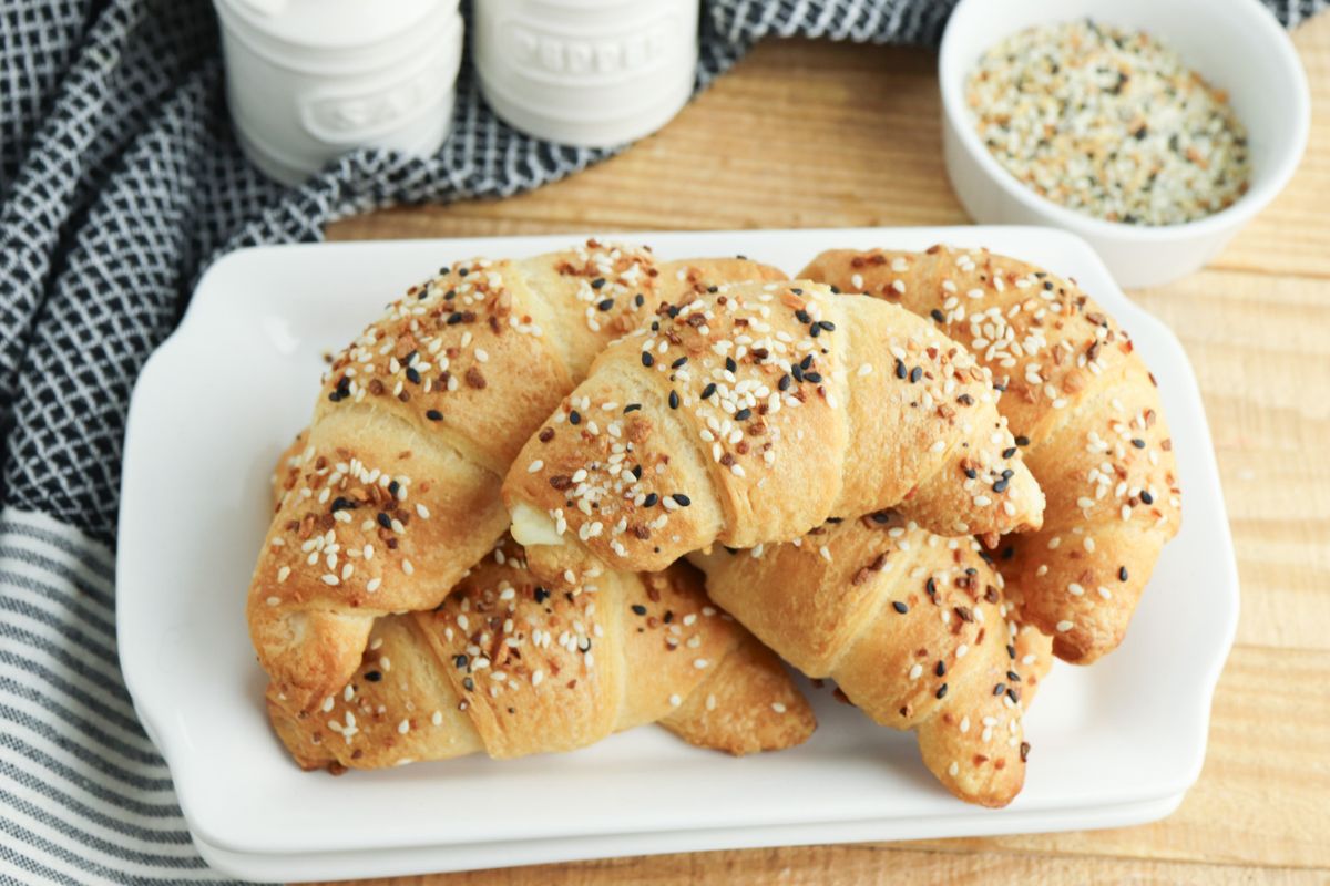 Rectangle white platter filled with Everything Bagel Seasoning Crescent Rolls.