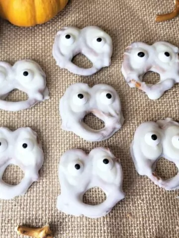 Chocolate Dipped Ghost Pretzels.