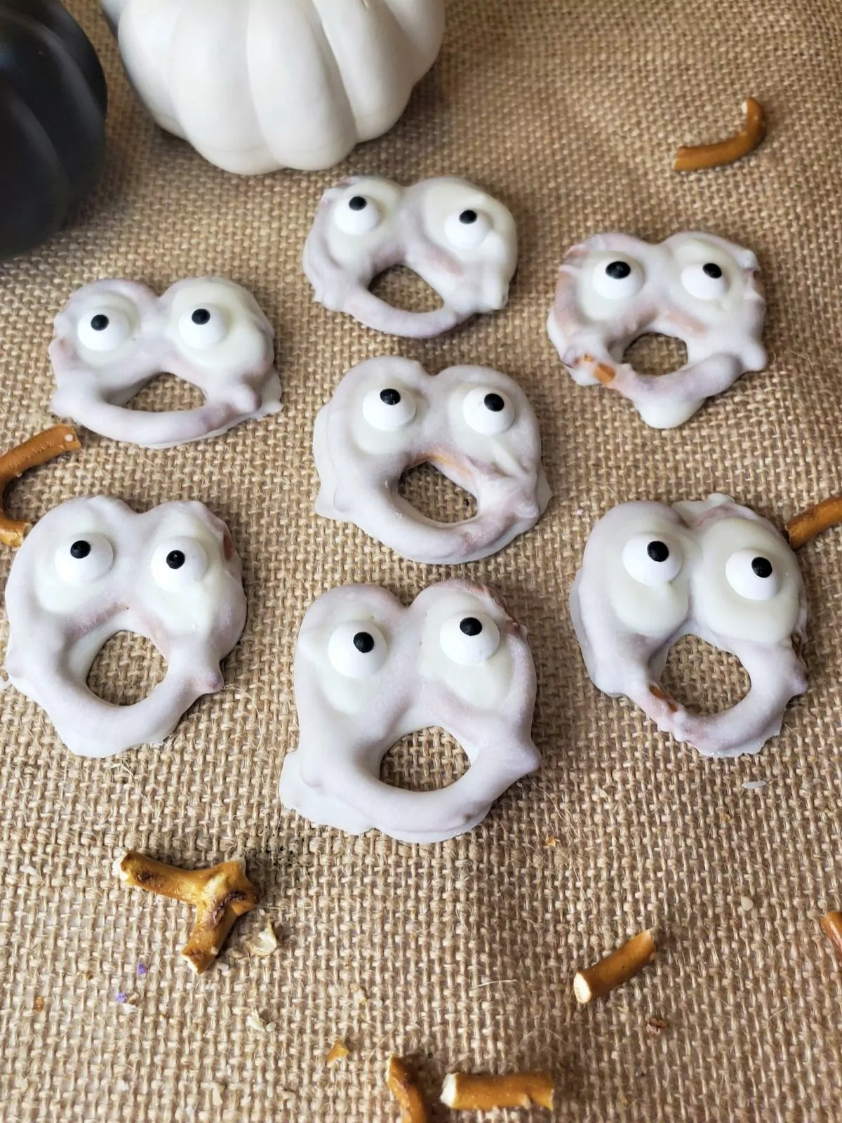 Chocolate Dipped Ghost Pretzels.