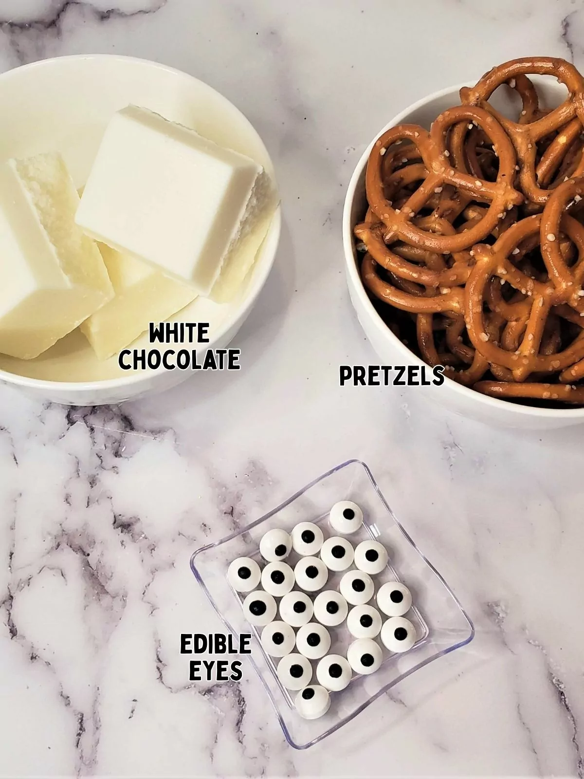 Ingredients for Chocolate Dipped Ghost Pretzels.