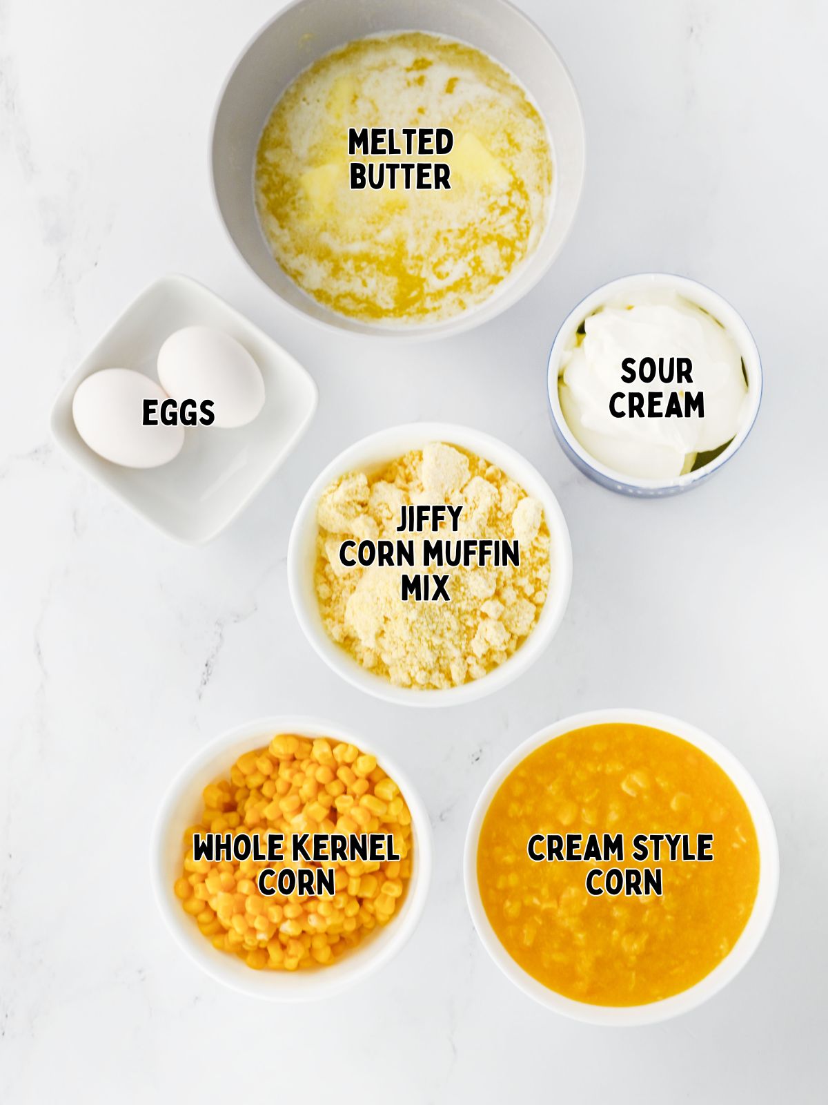 Ingredients for Jiffy Corn Bread Pudding Casserole.
