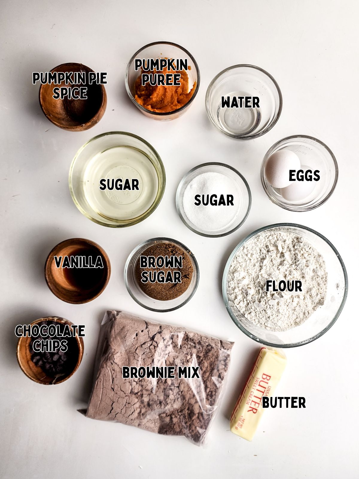Ingredients for brownies and pumpkin chocolate chip cookies.