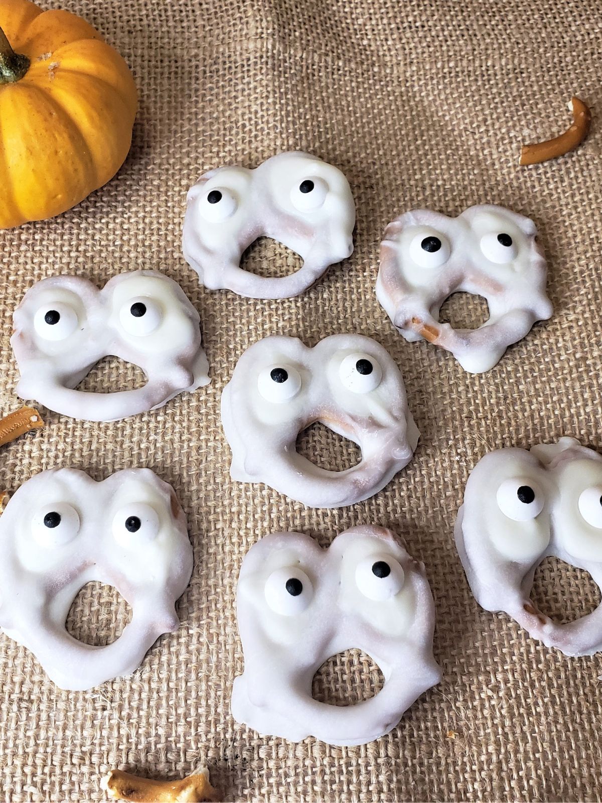 White Chocolate Dipped Ghost Pretzels.