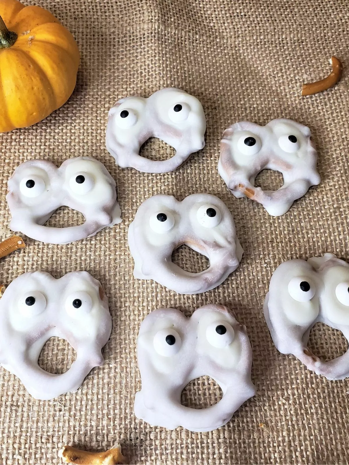White Chocolate Dipped Ghost Pretzels.
