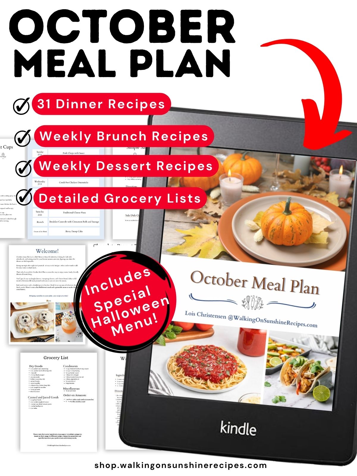 October meal plan promo photo with kindle and sample pages.