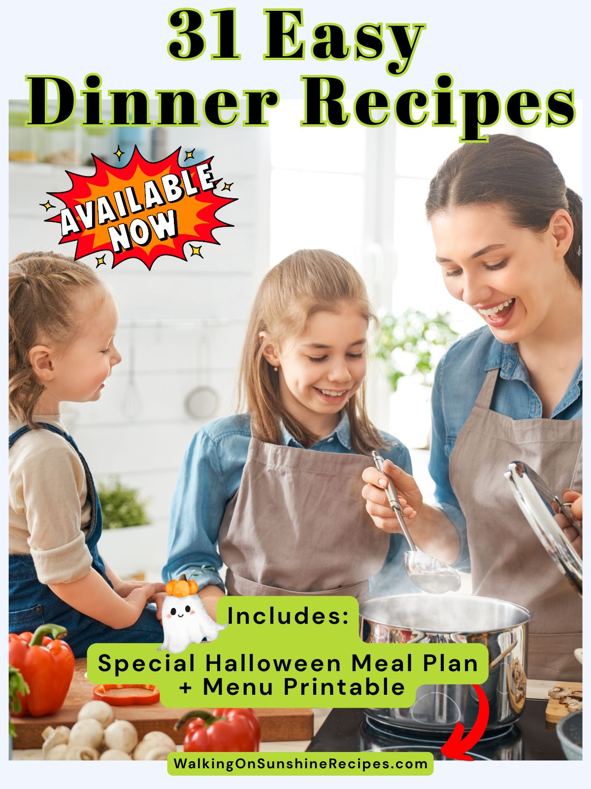 photo of mother and two daughters cooking dinner.
