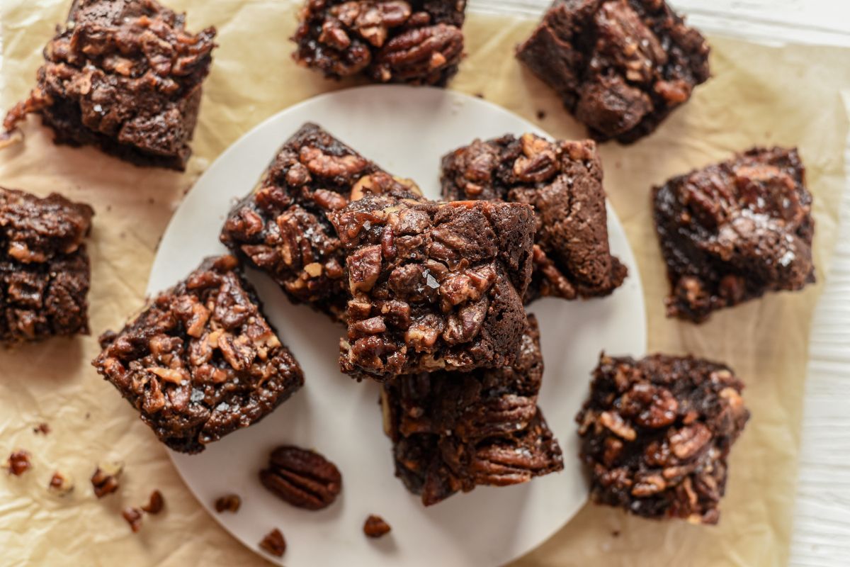 Pecan Pie Brownies cut into squares.