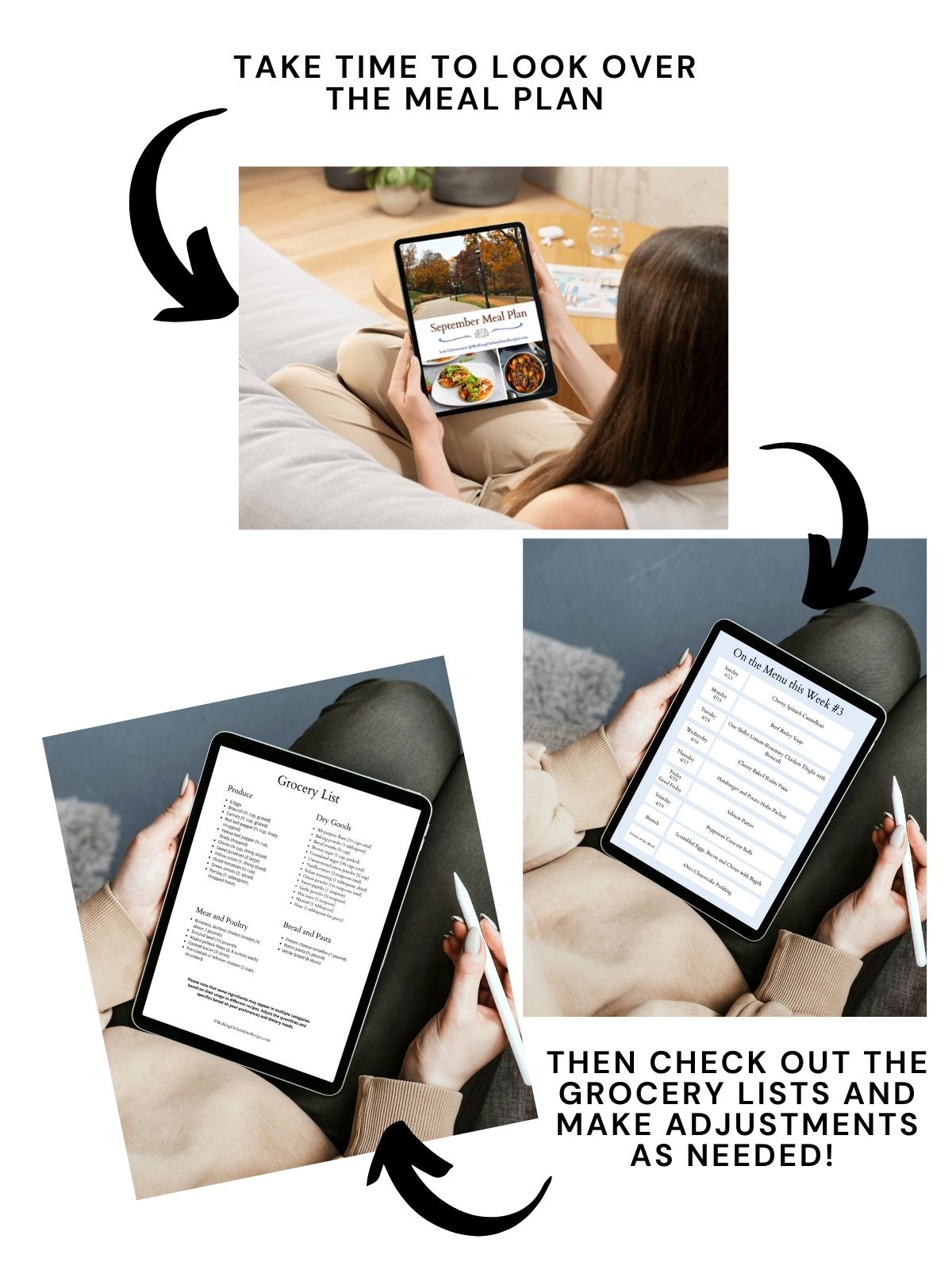 3 different photos of pages in tablets for meal plan.