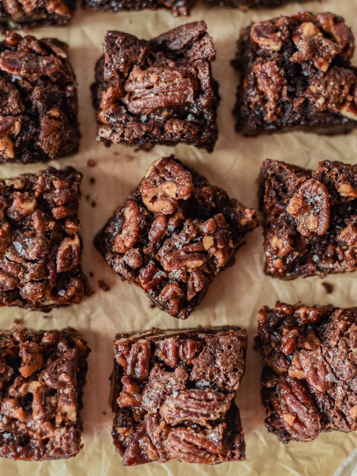 Overhead view of cut Pecan Pie Brownie squares.