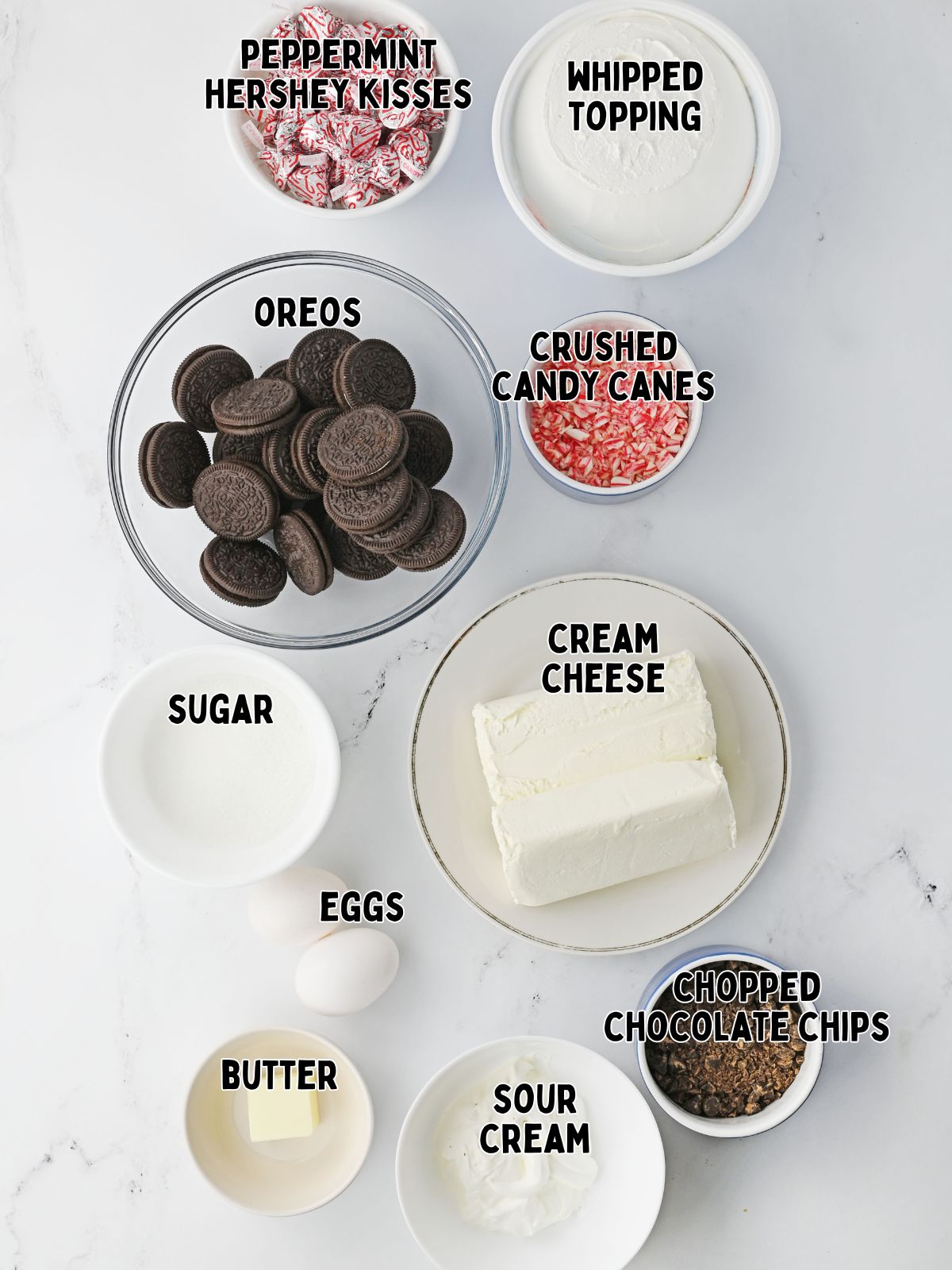 ingredients for peppermint chocolate chip mini cheesecakes.
