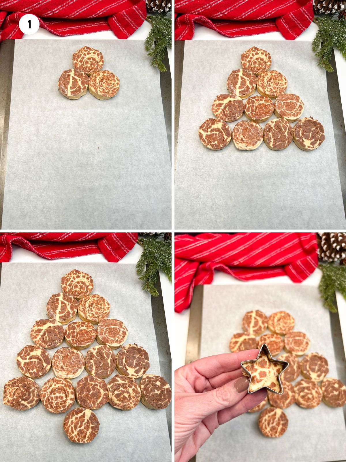 Collage of steps putting the tree together with cinnamon rolls.