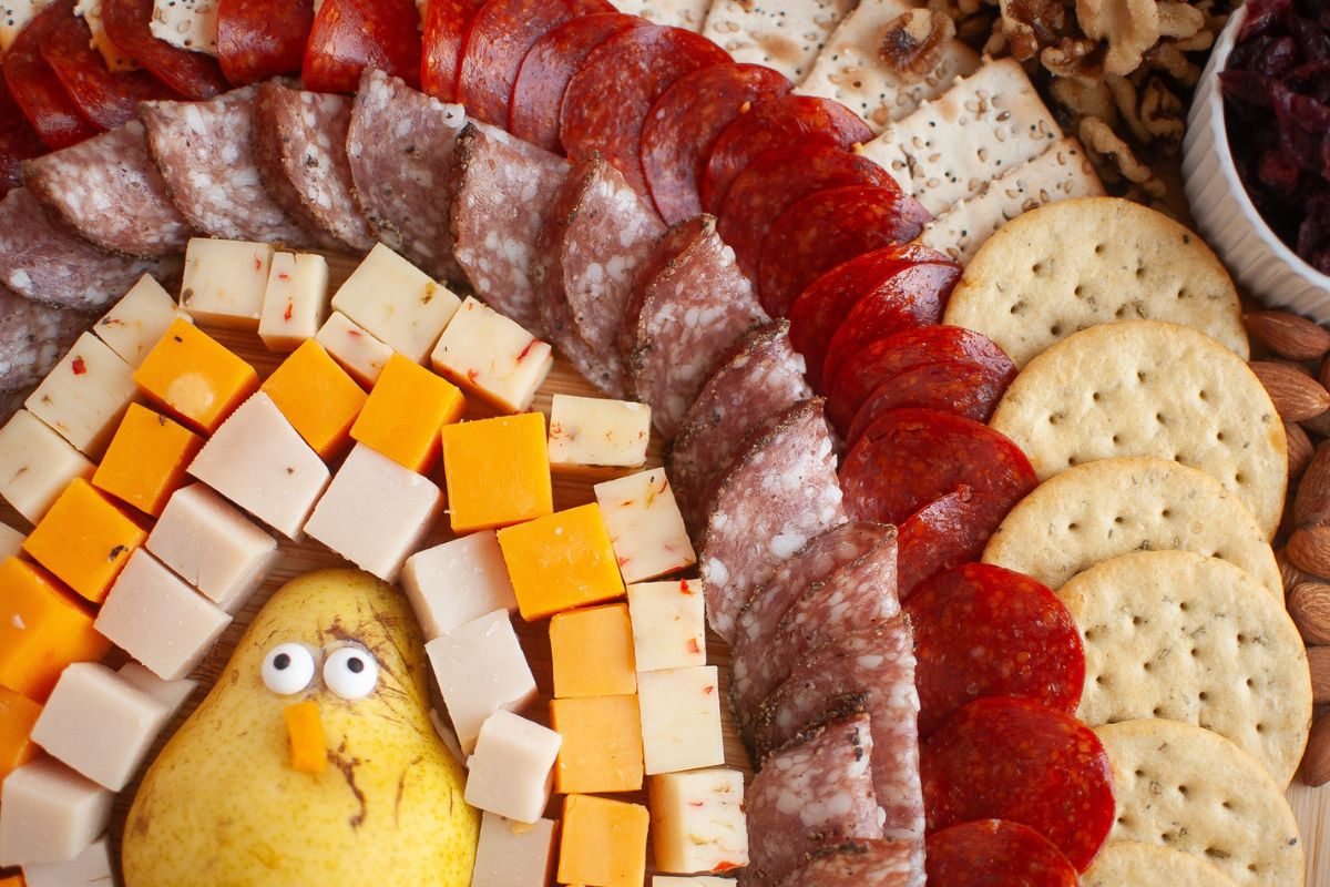 Closeup of layers for charcuterie board.