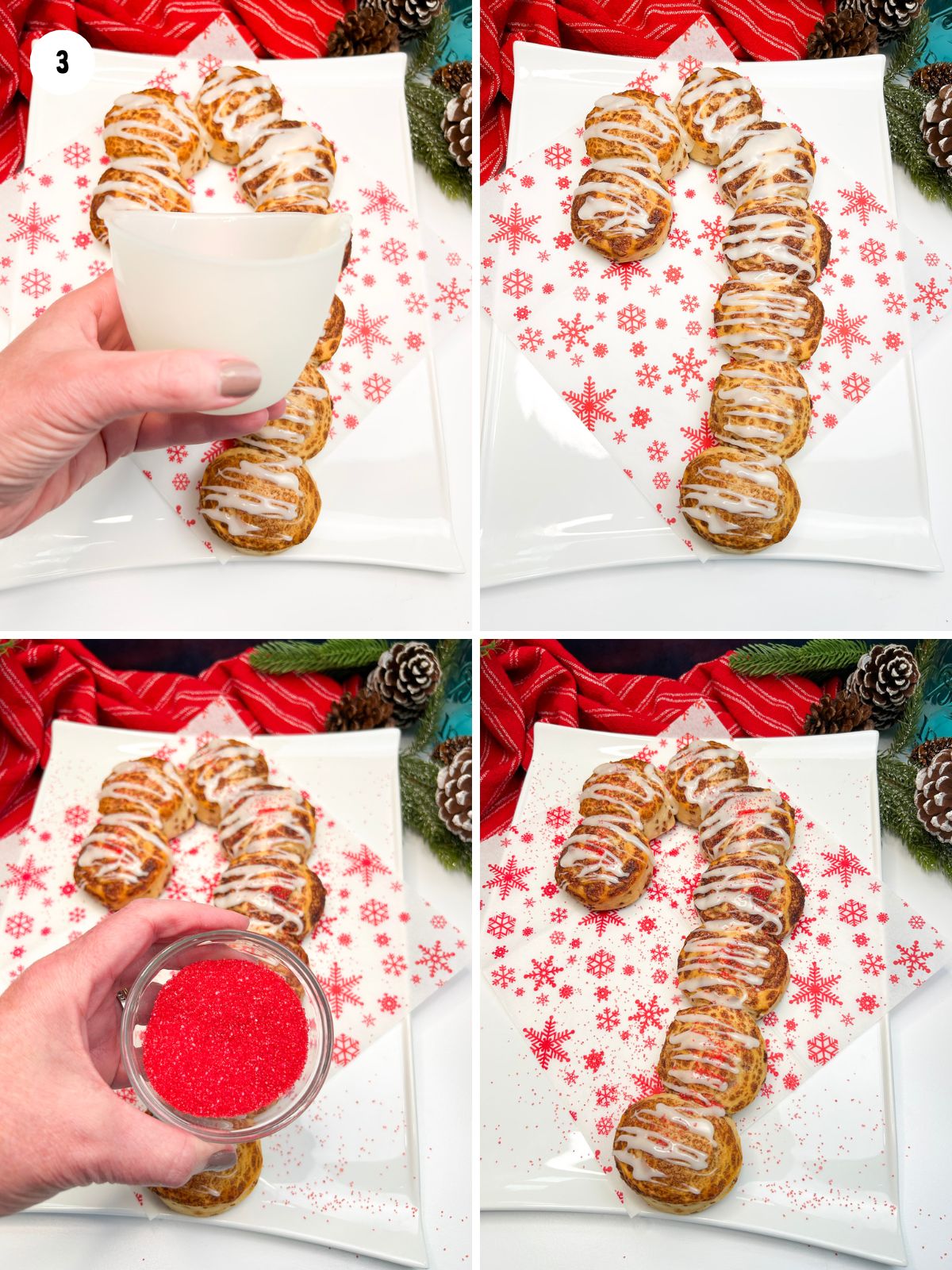 collage photo of adding the frosting and red colored sugar to the candy cane shaped Pillsbury cinnamon roll.