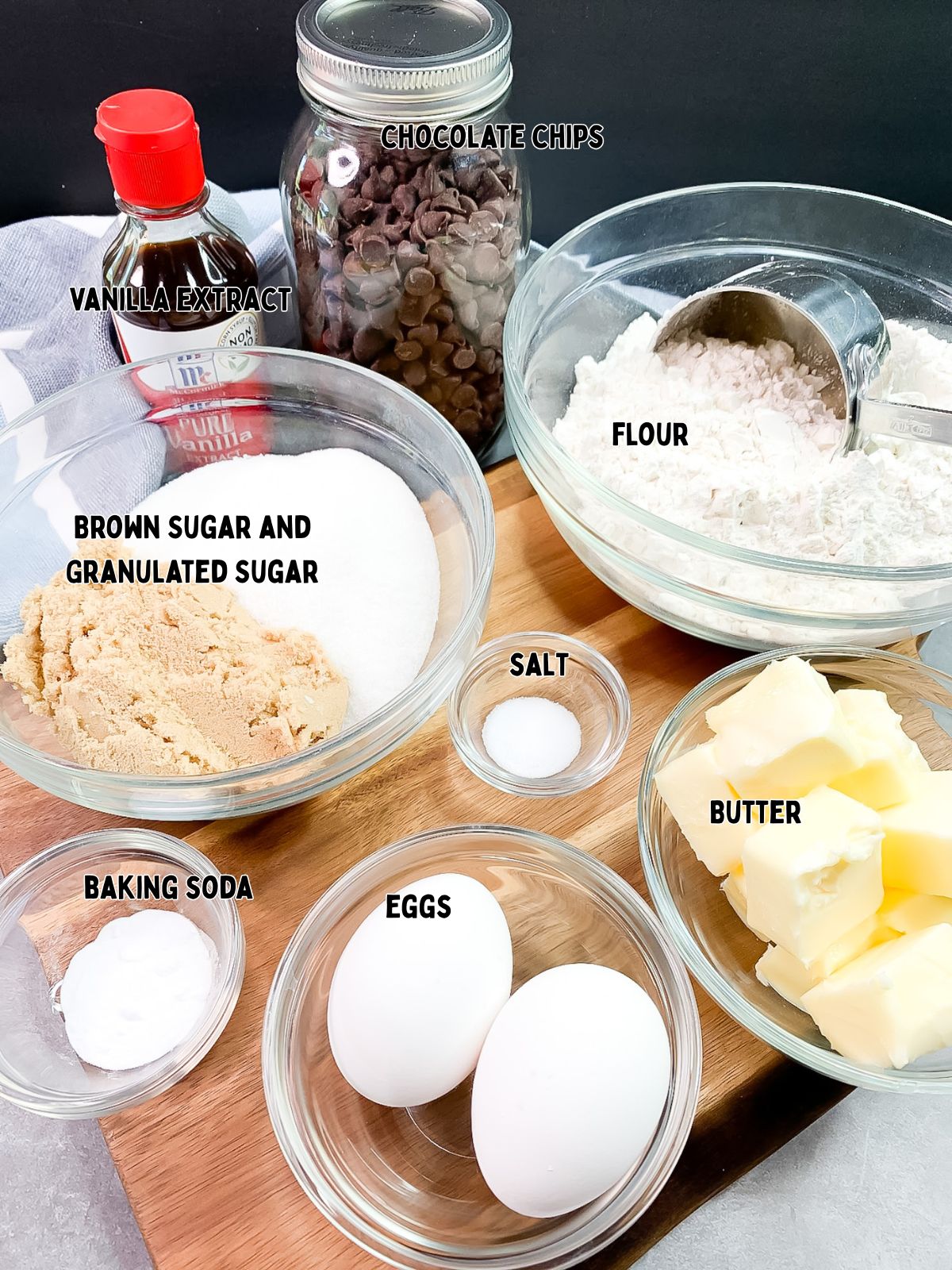 Ingredients in small bowls for skillet cookie.