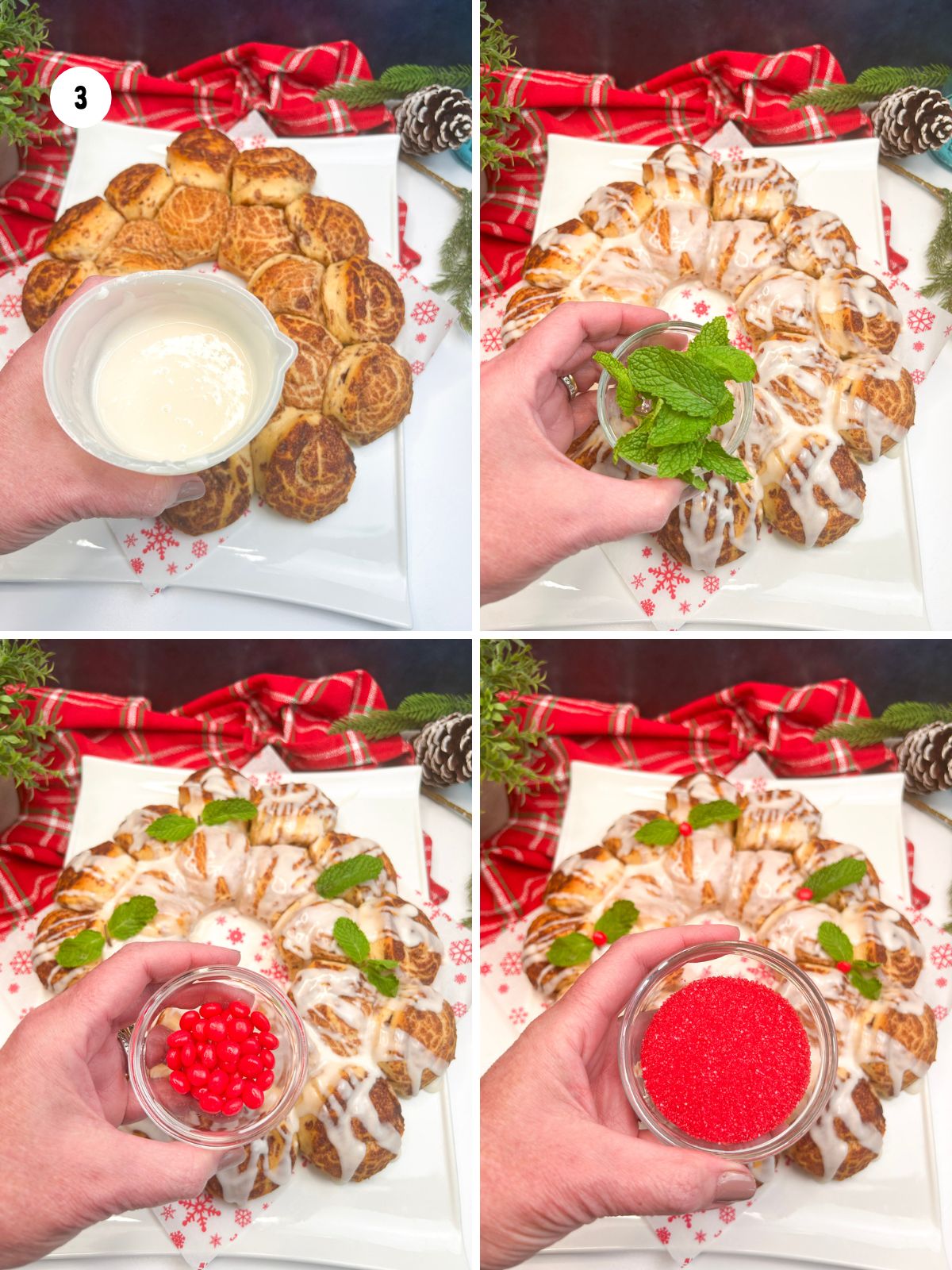 decorating baked cinnamon roll shaped wreath.