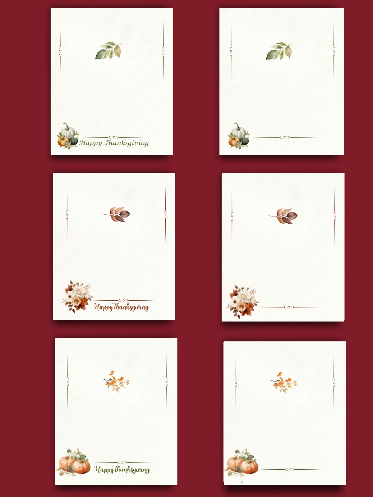 Set of three printable Thanksgiving place cards featuring pumpkins, leaves, and florals on cream cardstock background.