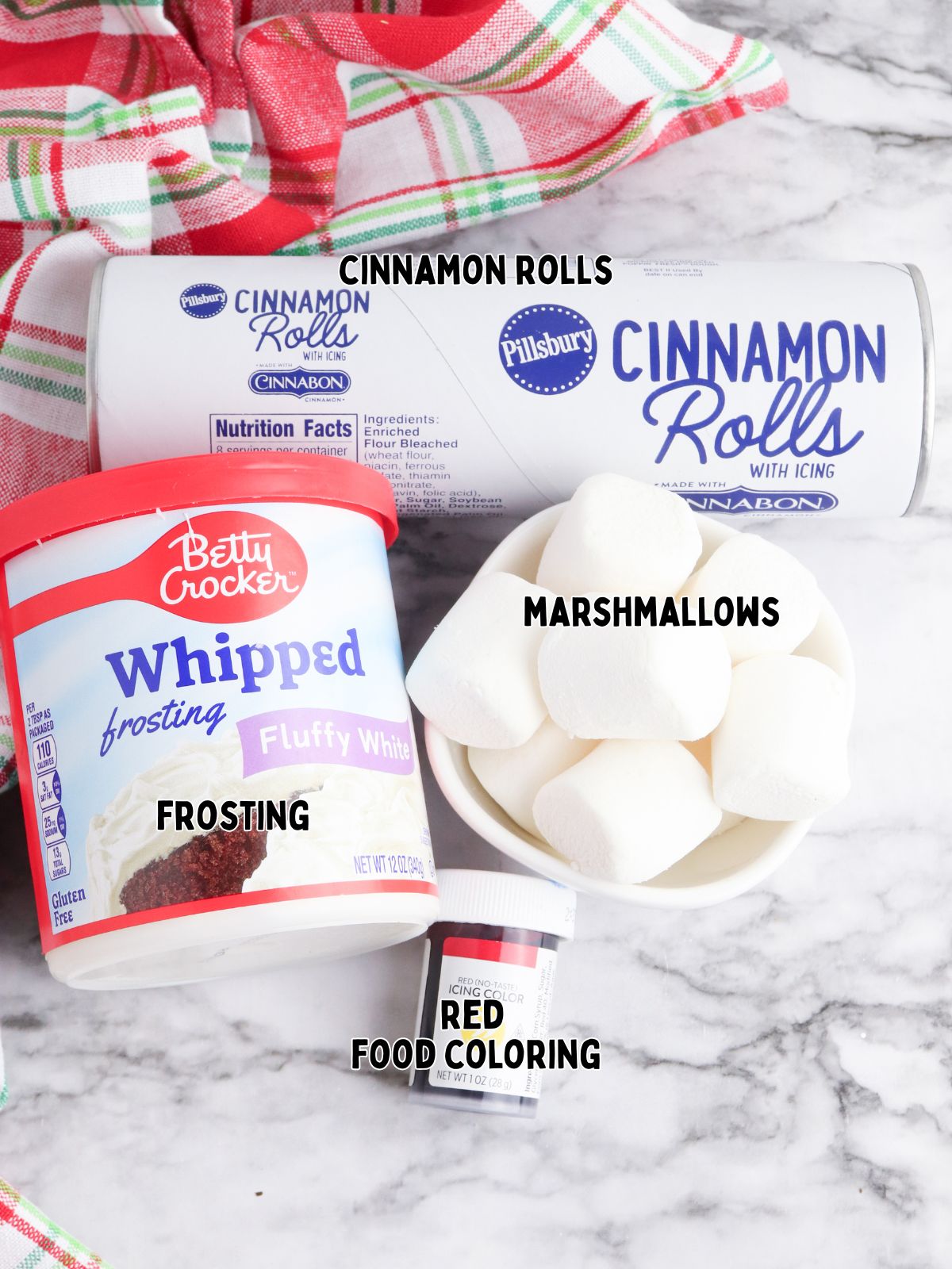 Ingredients for the Santa Hat Cinnamon Rolls.