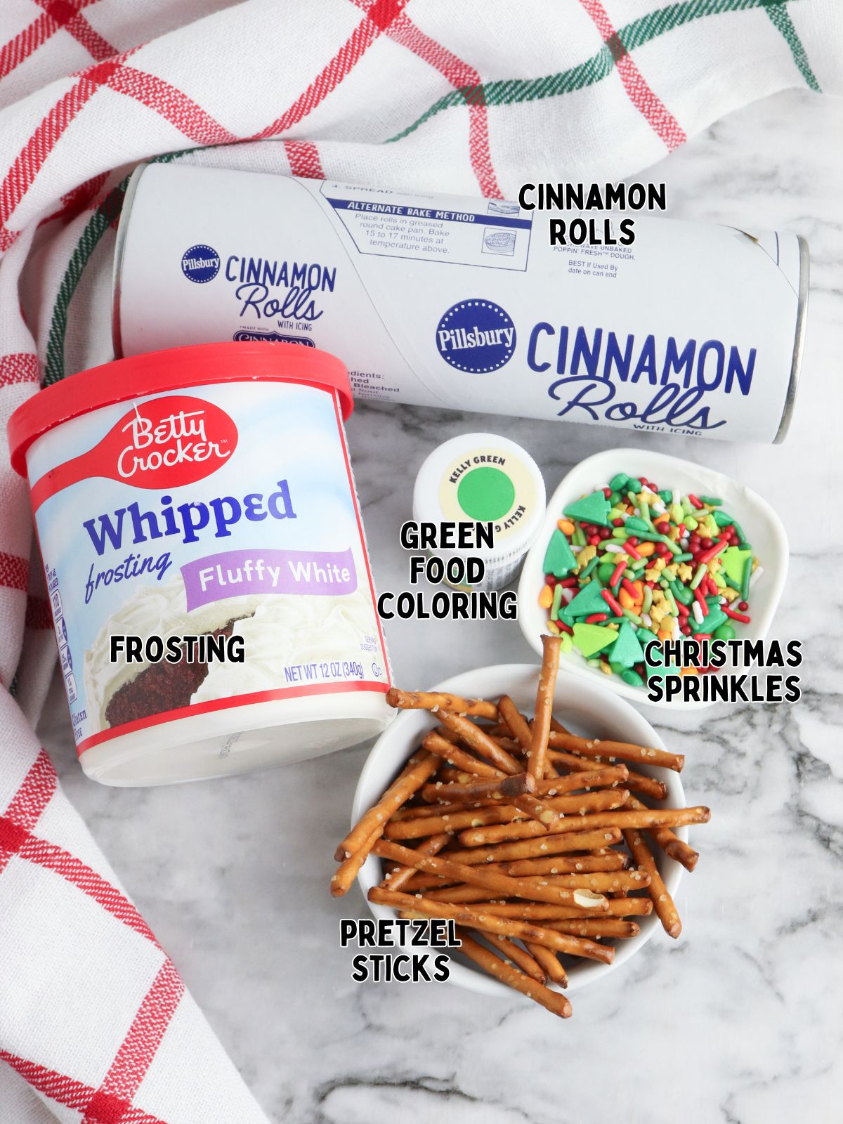 Ingredients to make Christmas Tree Cinnamon Rolls on a Stick.
